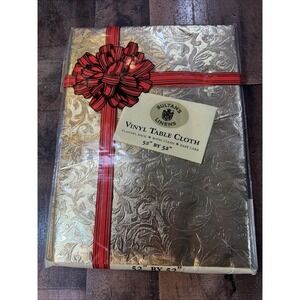 Sultans Linens Vintage Vinyl Flannel Tablecloth 52" x 52" Holiday Christmas GOLD